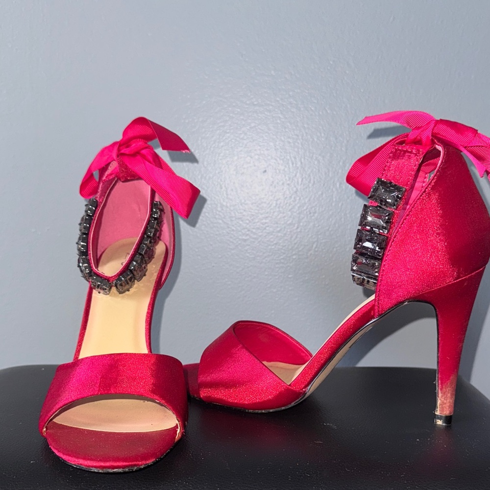 New York & Company Hot Pink Satin Ankle-Tie Heels with Jewel Accent